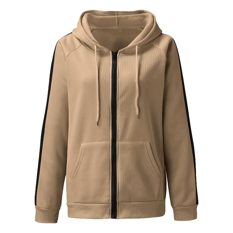 Stylish loose zipper hoodie for women in beige, casual oversized hooded sweatshirt, thick synthetic fiber blend, perfect for warmth. SF0086